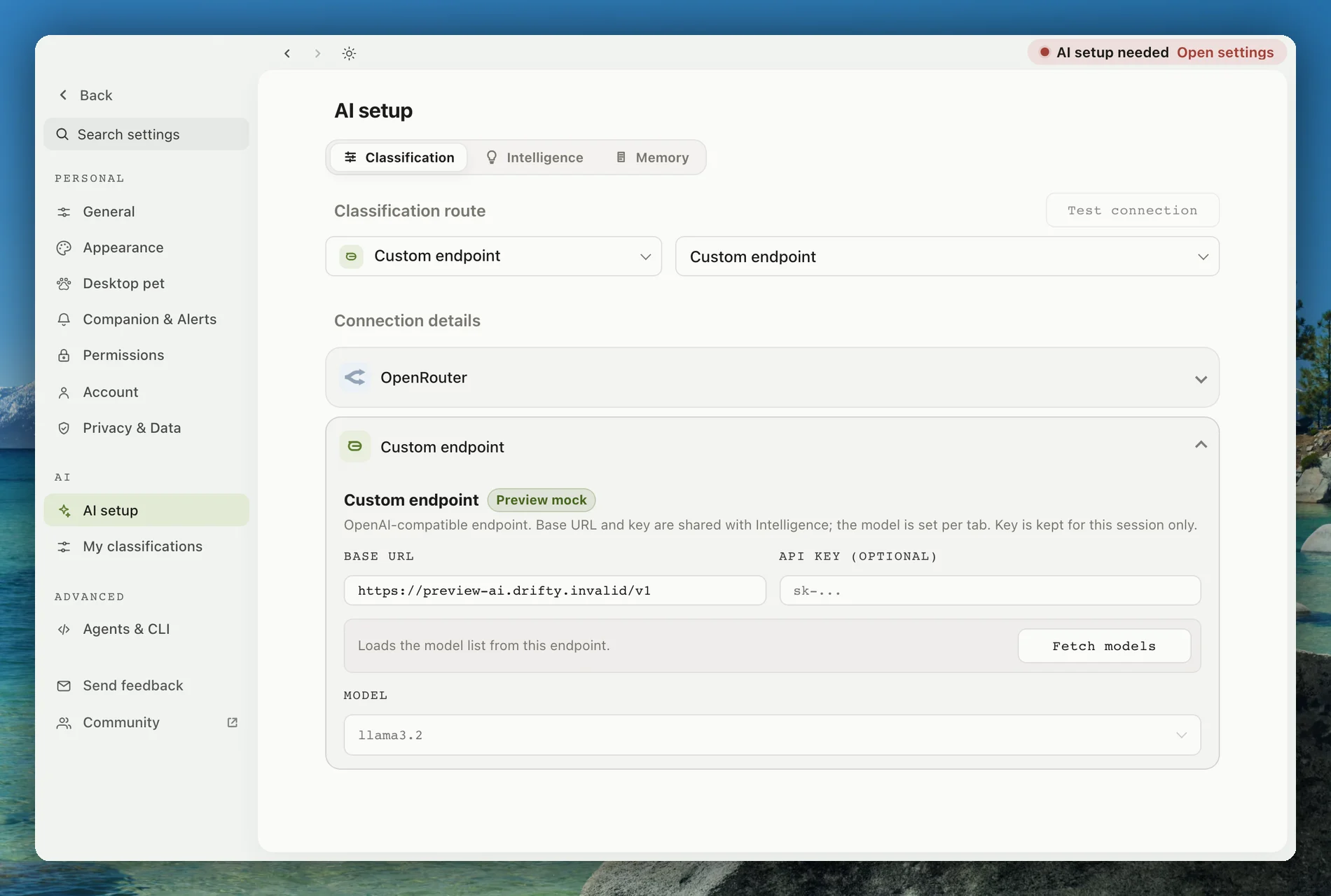 Current drifty AI setup settings with the classification route and provider choices